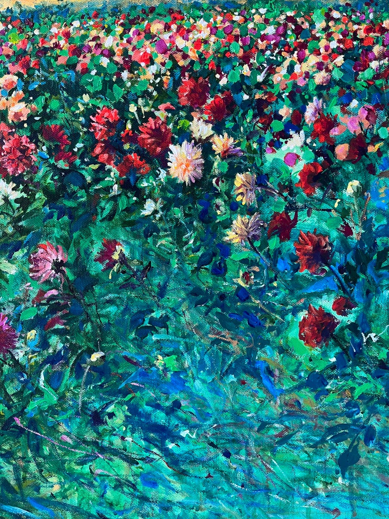 Acrylic Painting by Heather Castles of a field of dahlias at Andrews Scenic Acres, Milton, Ontario